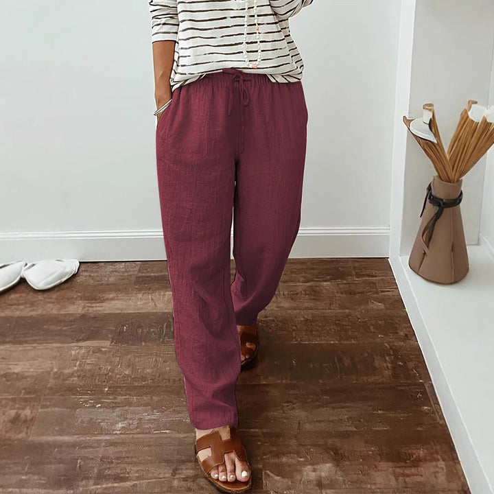 Leichte Damen-Leinenoptik-Hose mit elastischem Kordelzug, Fronttaschen und weitem Bein Drune