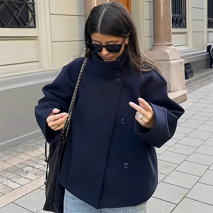 Damen Kurze Boxy-Wollmix-Jacke mit Stehkragen und aufgesetzten Pattentaschen Drune