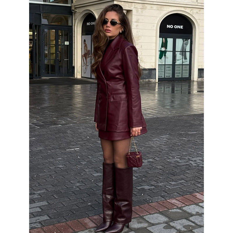 Damen elegante Kunstlederblazerjacke im taillierten Schnitt mit modischem Detail Drune