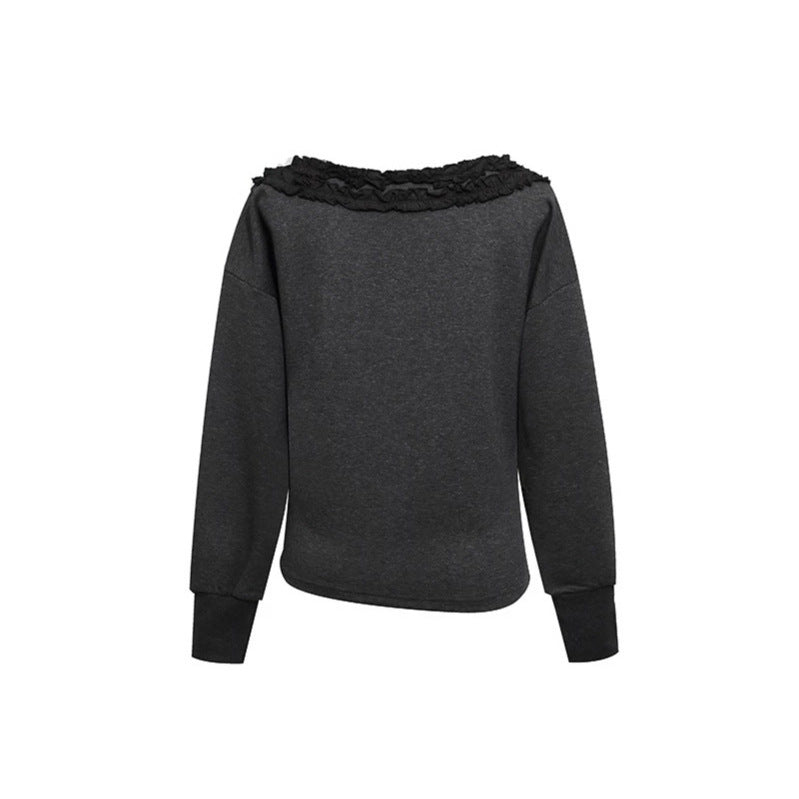 Damen Sweatshirt mit Carmen‑Ausschnitt, Spitzenrüsche und seitlicher Raffung Drune