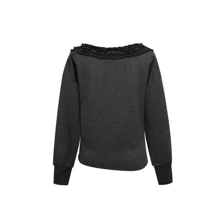 Damen Sweatshirt mit Carmen‑Ausschnitt, Spitzenrüsche und seitlicher Raffung Drune
