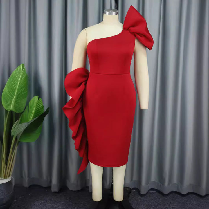 Damen figurbetontes Abendkleid mit asymmetrischem Design und voluminösem Schleifenakzent Drune