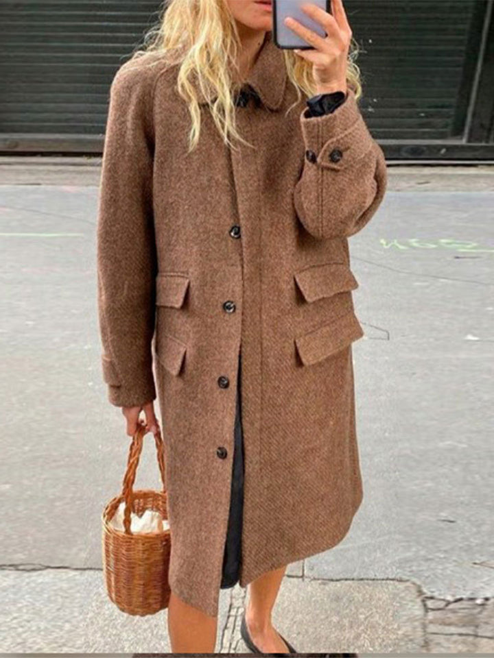 Damen eleganter Wollmantel mit Taschen und kontrastierenden Knöpfen Drune