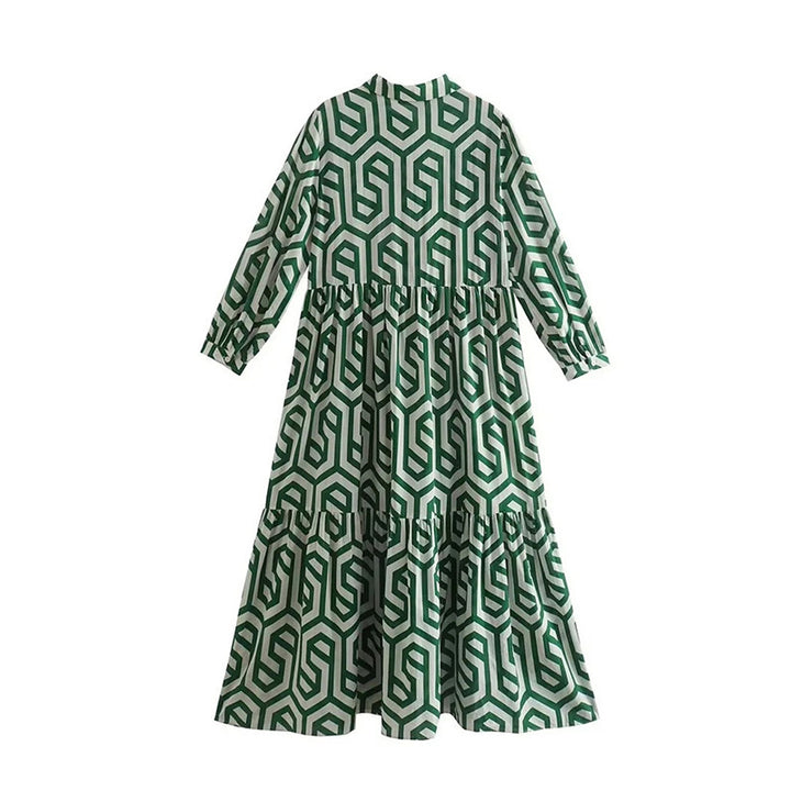 Damen nan langes Hemdkragen-Stufenkleid mit geometrischem Alloverprint und geraffter Taillenpasse Drune