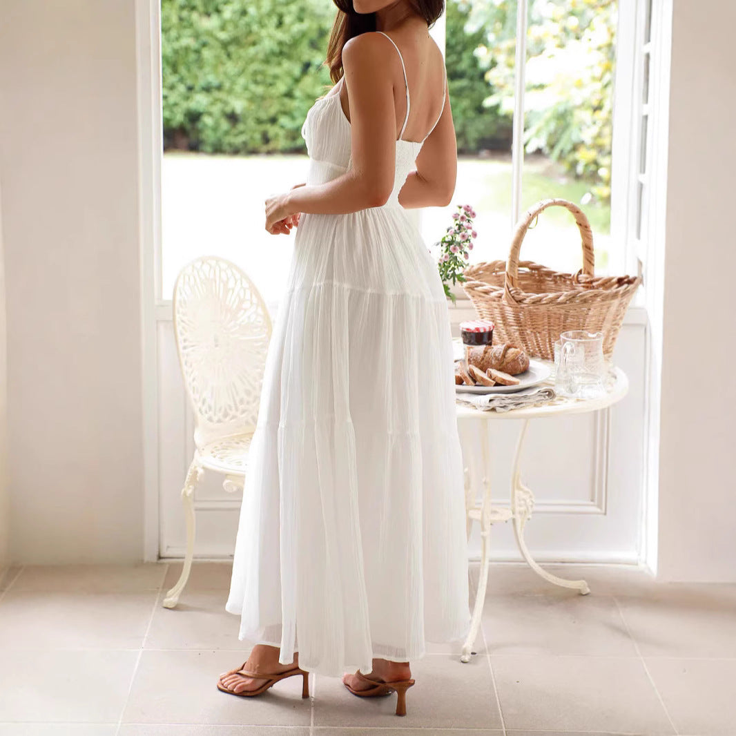 Damen luftiges Maxikleid mit verstellbaren Trägern und Raffungen Drune