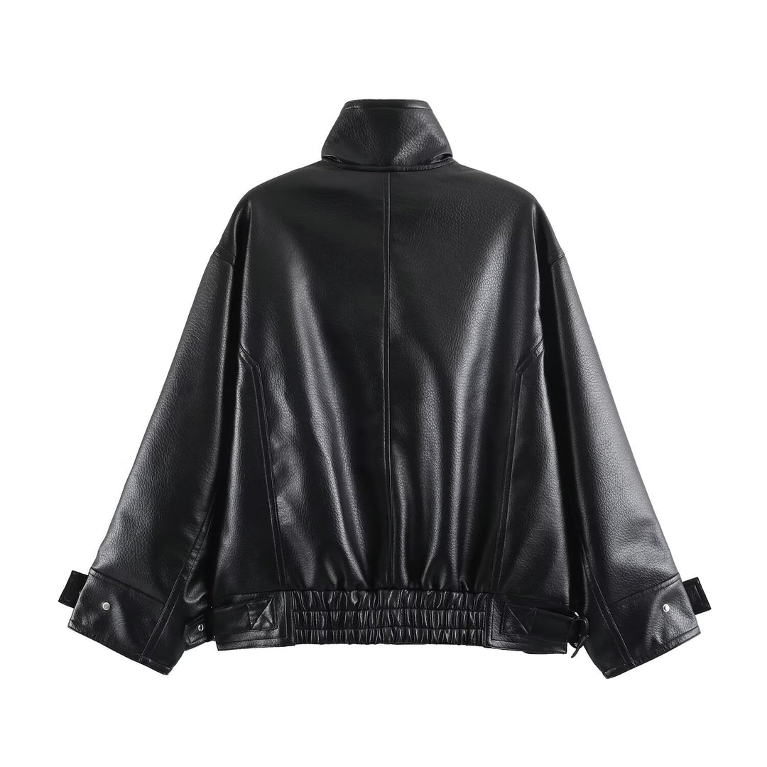 Damen Oversize Kunstlederjacke mit hohem Stehkragen, aufgesetzten Taschen und verstellbaren Schnallen Drune