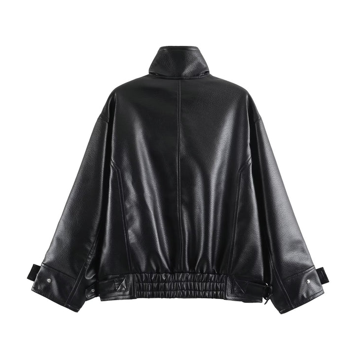 Damen Oversize Kunstlederjacke mit hohem Stehkragen, aufgesetzten Taschen und verstellbaren Schnallen Drune