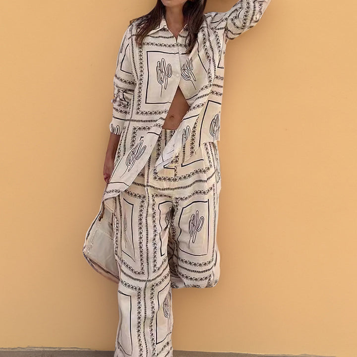 Damen Elegantes Set aus lässiger Bluse und weit geschnittenen Hosen Drune