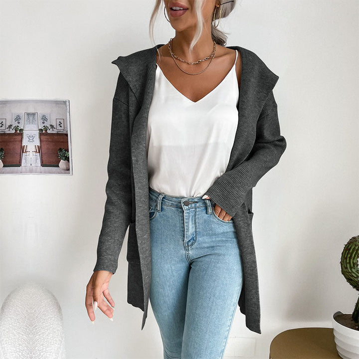 Damen Langärmlige Strickjacke mit Kapuze und seitlichen Taschen Drune