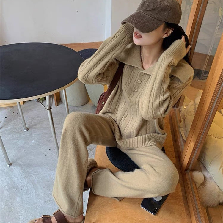 Damen Strickpullover mit weitem Kragen und Knopfleiste Drune