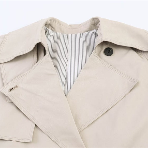 Damen Kurz geschnittener Oversized Trenchcoat mit Taillengürtel und doppelreihiger Knopfleiste Drune