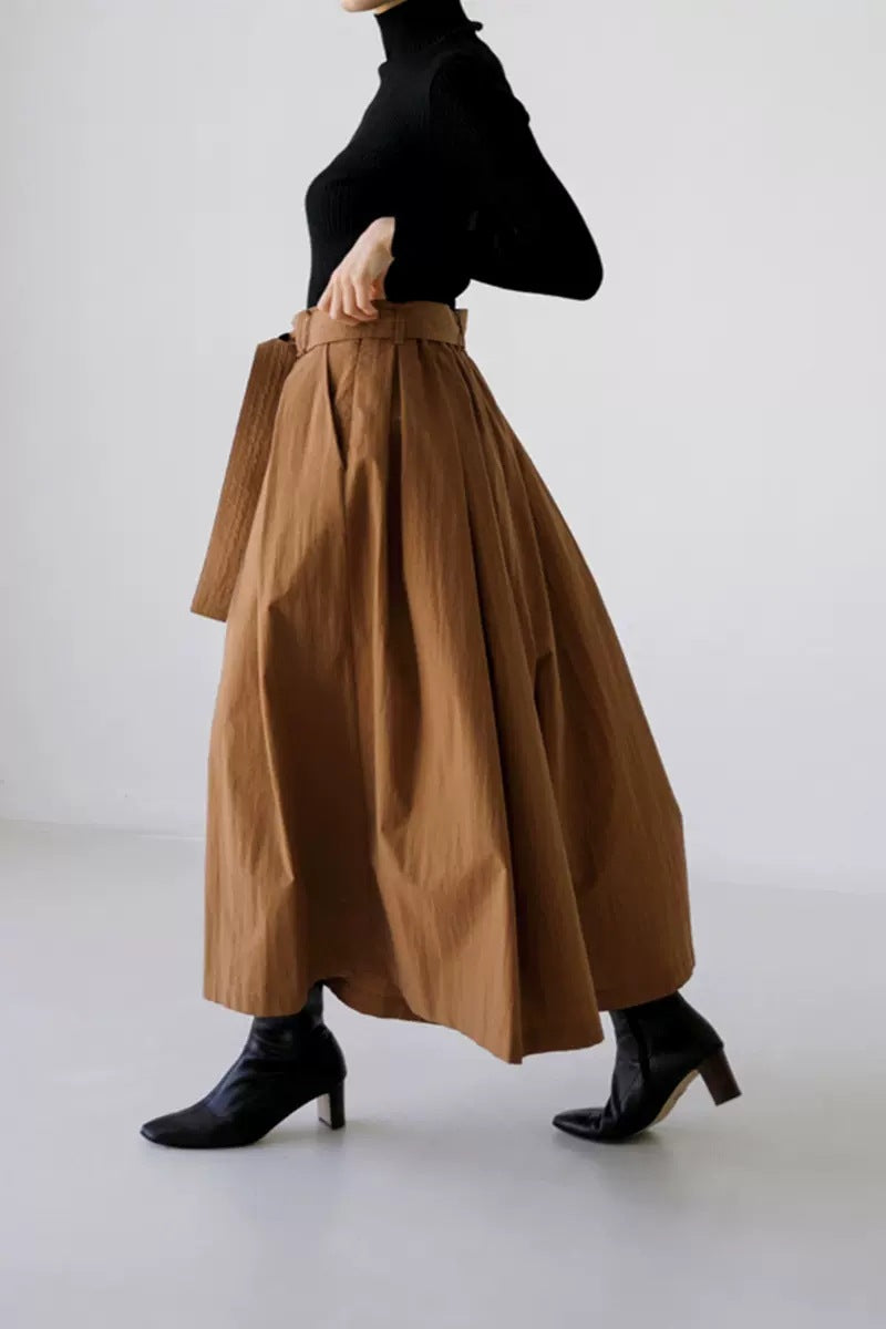 Damen Weite Culotte‑Hosenrock mit Kellerfalten und Bindegürtel Drune