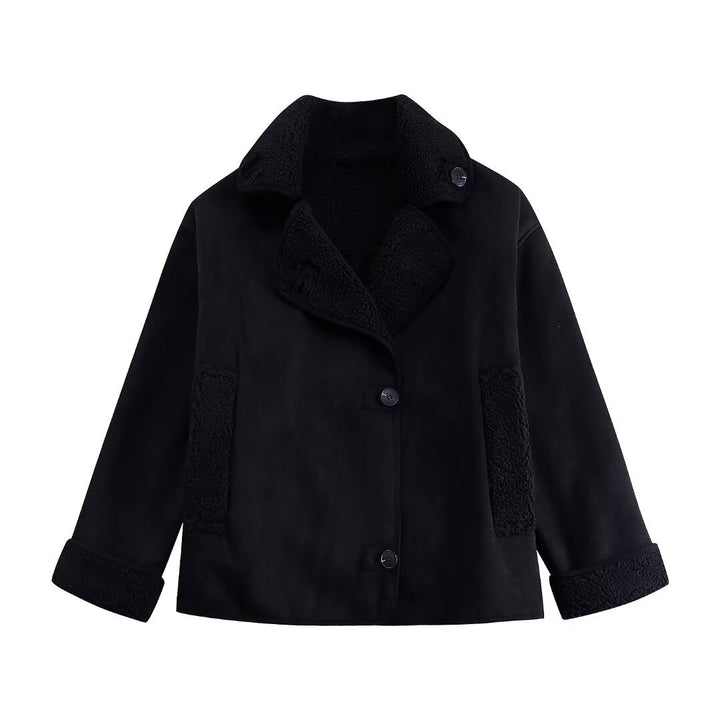 Damen nan kurze Winterjacke mit weichem Teddyfutter, Umschlagkragen und Knopfleiste Drune