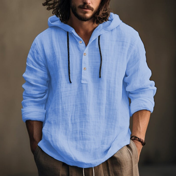 Herren Leichtes Kapuzenhemd im Leinenlook mit Henley-Knopfleiste Drune