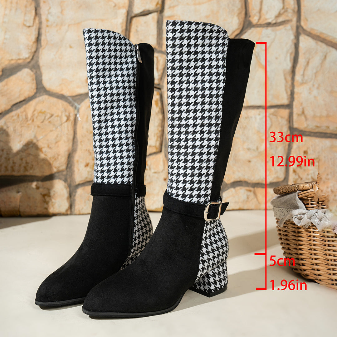Damen kniehohe Stiefel mit Hahnentritt-Schaft, seitlichem Reißverschluss und komfortablem Blockabsatz Drune