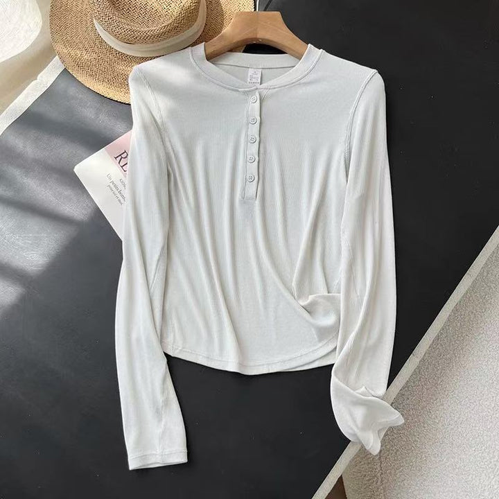 Damen Langarm-Henley-Shirt aus weichem Baumwollmix mit modischen Knopfdetails Drune