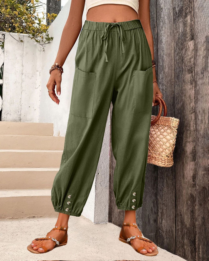 Damen Leinenlook Loungehosen mit hohem elastischem Taillenbund, Kordelzug, aufgesetzten Taschen und geknöpftem Saum Drune