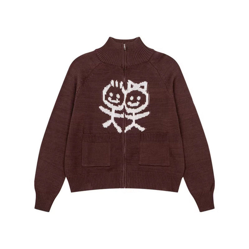 Damen Grobstrick-Zipcardigan mit Stehkragen, aufgesetzten Taschen und Cartoon-Intarsie Drune