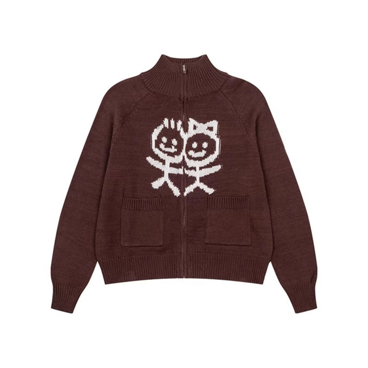 Damen Grobstrick-Zipcardigan mit Stehkragen, aufgesetzten Taschen und Cartoon-Intarsie Drune