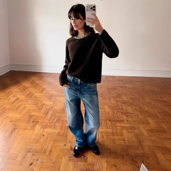 Damen Feinstrick-Pullover mit Schmuckkragen und leichtem Boxy-Cropped-Schnitt Drune