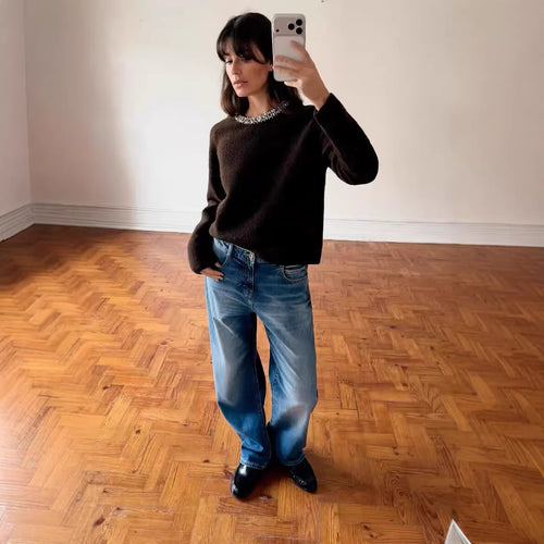 Damen Feinstrick-Pullover mit Schmuckkragen und leichtem Boxy-Cropped-Schnitt Drune