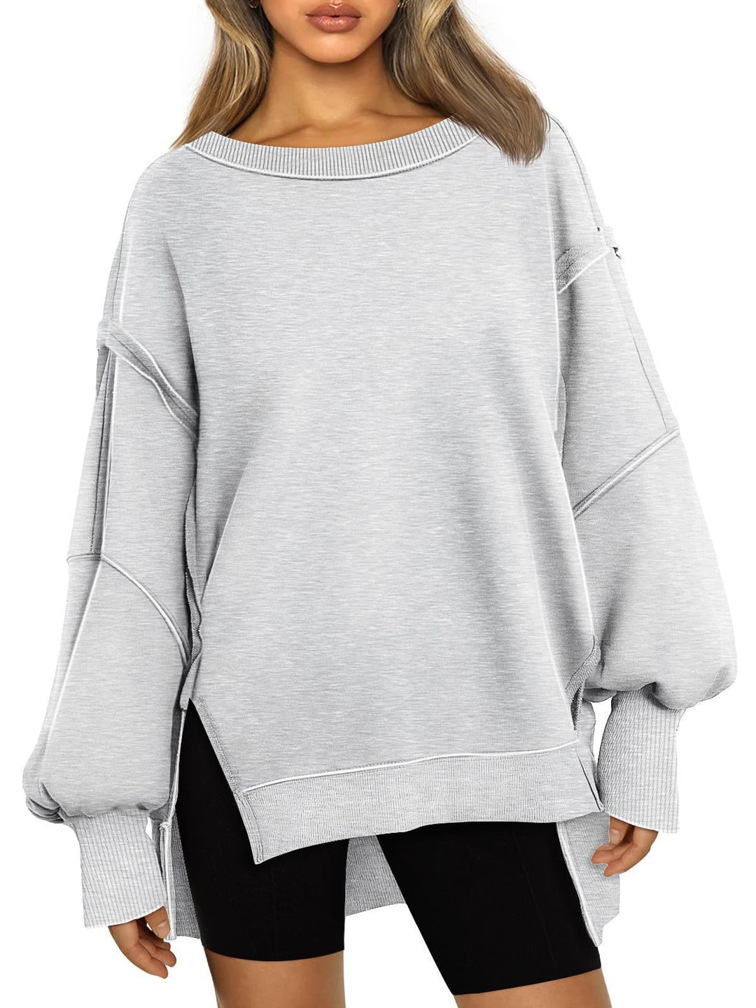 Damen Weiches Longline-Sweatshirt mit Ballonärmeln, seitlichen Schlitzen und geripptem Saum Drune