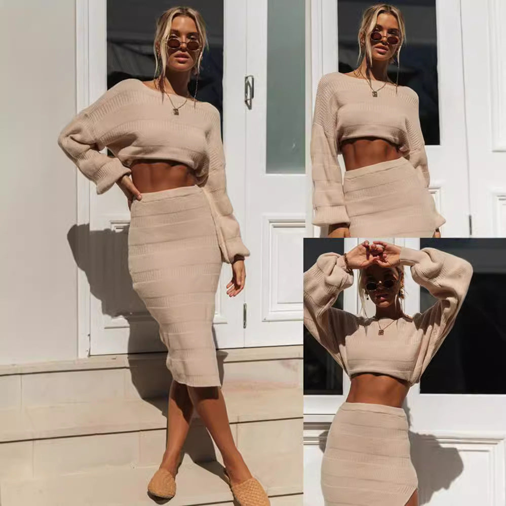 Damen elegantes deux pièces Set mit weitem Cropped-Oberteil und figurbetontem Rock Drune