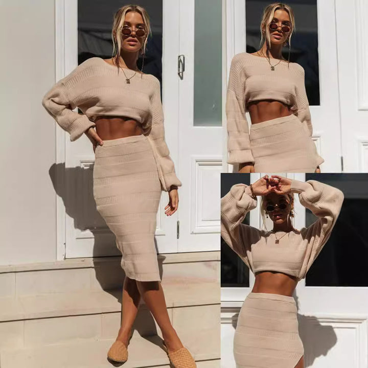 Damen elegantes deux pièces Set mit weitem Cropped-Oberteil und figurbetontem Rock Drune