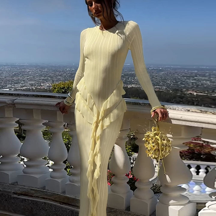 Damen Elegantes Maxikleid mit voluminösen Rüschen und langen Ärmeln Drune
