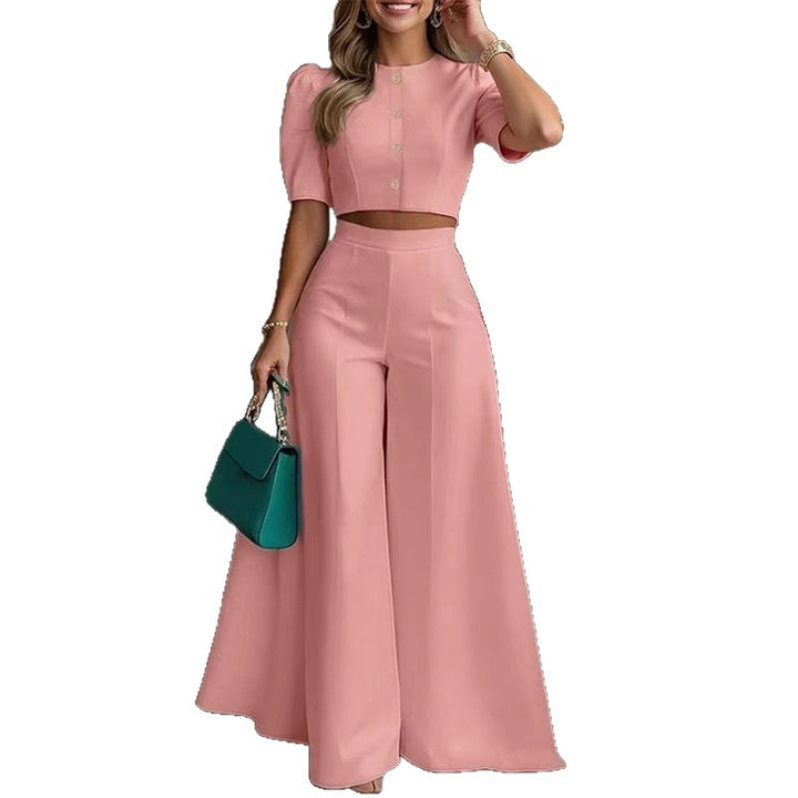 Damen elegantes kurzes Oberteil mit Puffärmeln und hochgeschnittenen Palazzo-Hosen Drune