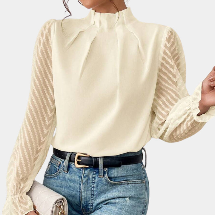 Damen Elegante Chiffonbluse mit Stehkragen, Faltenkante und transparenten Jacquard-Ärmeln Drune