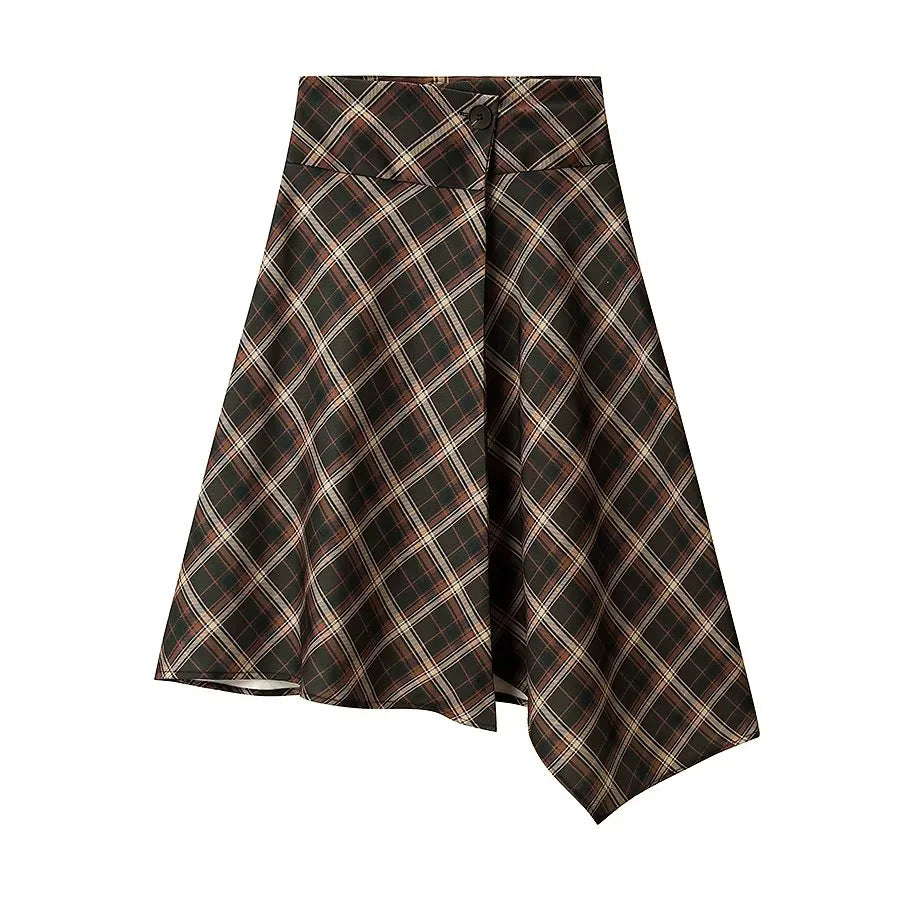 Damen nan taillierter asymmetrischer Karorock im A-Linien-Schnitt mit Knopfbund Drune