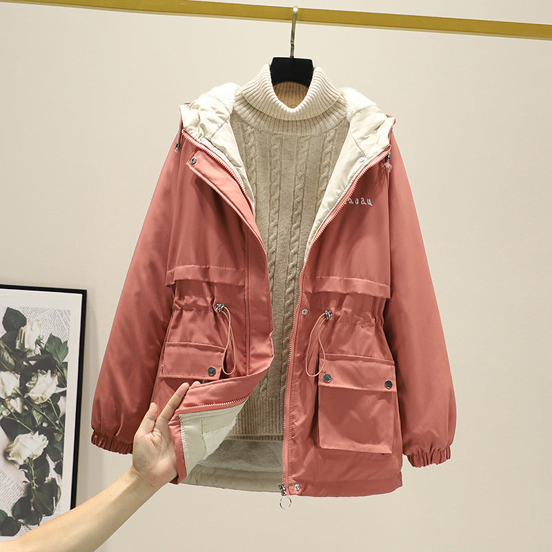 Damen Wasserabweisender Kapuzenparka mit Teddyfutter Tunnelzugtaillierung und Mehrfachtaschen Drune