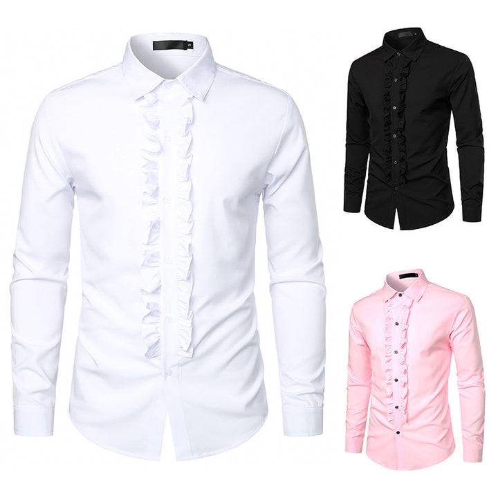 Herren nan Rüschenhemd Slim-Fit Businesshemd mit italienischem Kragen und verdeckter Knopfleiste Drune
