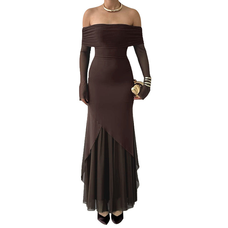 Damen elegantes schulterfreies Maxikleid mit raffiniertem Rüschenoberteil und asymmetrischem Saum Drune