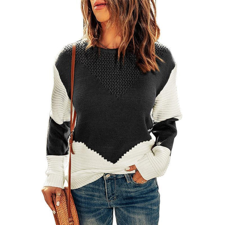 Damen Farbblock-Strickpullover mit strukturiertem Yoke und gerippten Ärmeln Drune