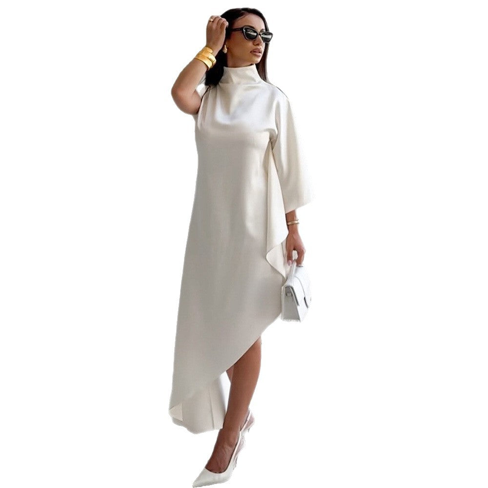 Damen Elegantes asymmetrisches Kleid mit hohem Kragen und seitlichem Schwung Drune