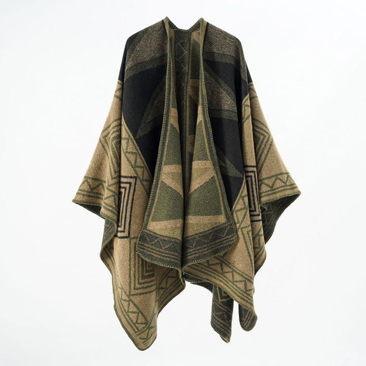 Damen Geometrischer Wollmix-Überwurfponcho mit Kettelkante Drune
