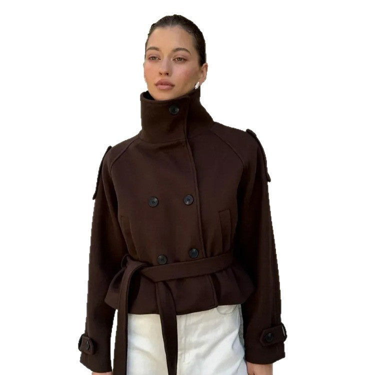Damen Kurz geschnittene Wollmix-Jacke mit hohem Stehkragen und Taillengürtel Drune