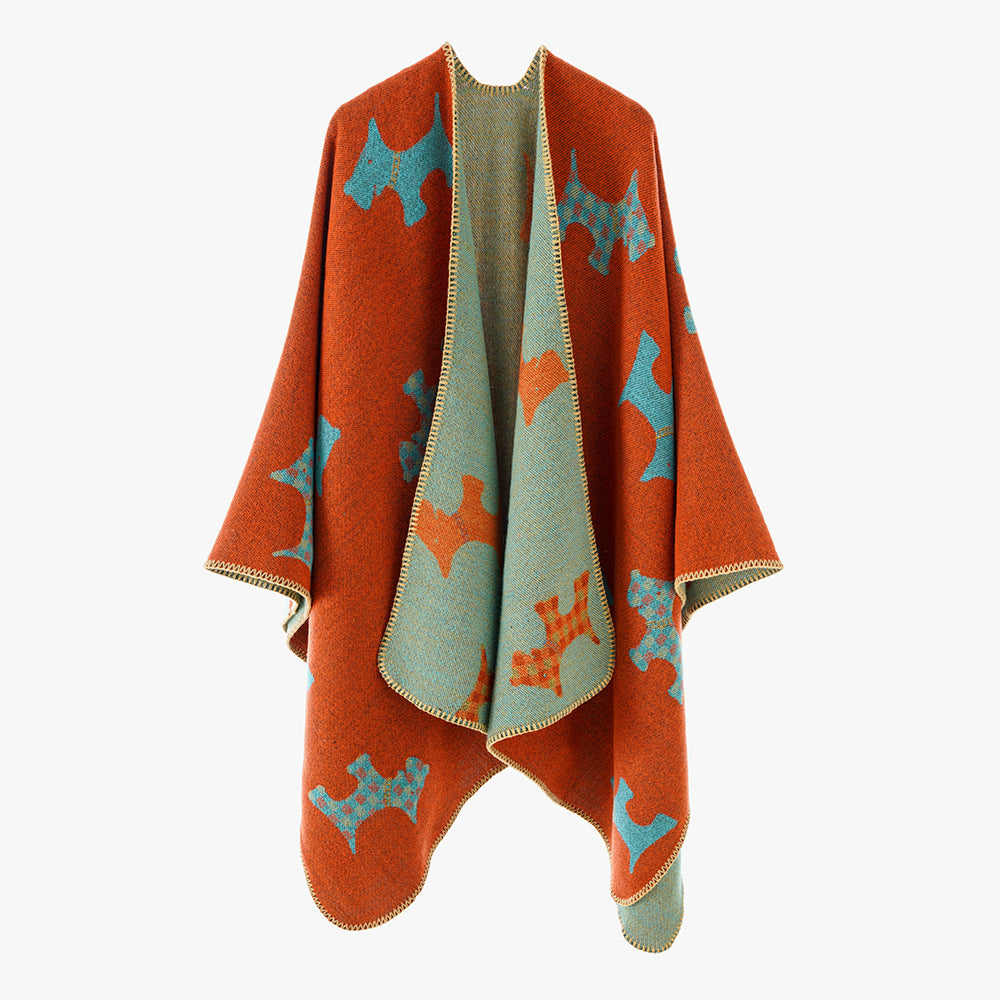 Damen Oversize-Poncho mit jacquardgewebtem Terrier‑Motiv und kontrastiertem Innenfutter Drune