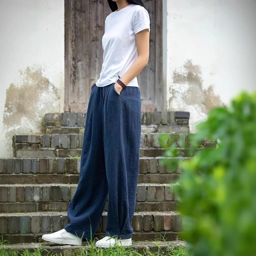 Damen weite Leinenhose mit elastischem Bund und seitlichen Taschen Drune