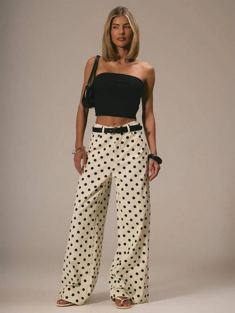 Damen weite Polka-Dot Palazzo-Hosen mit high-waist Schnitt Drune