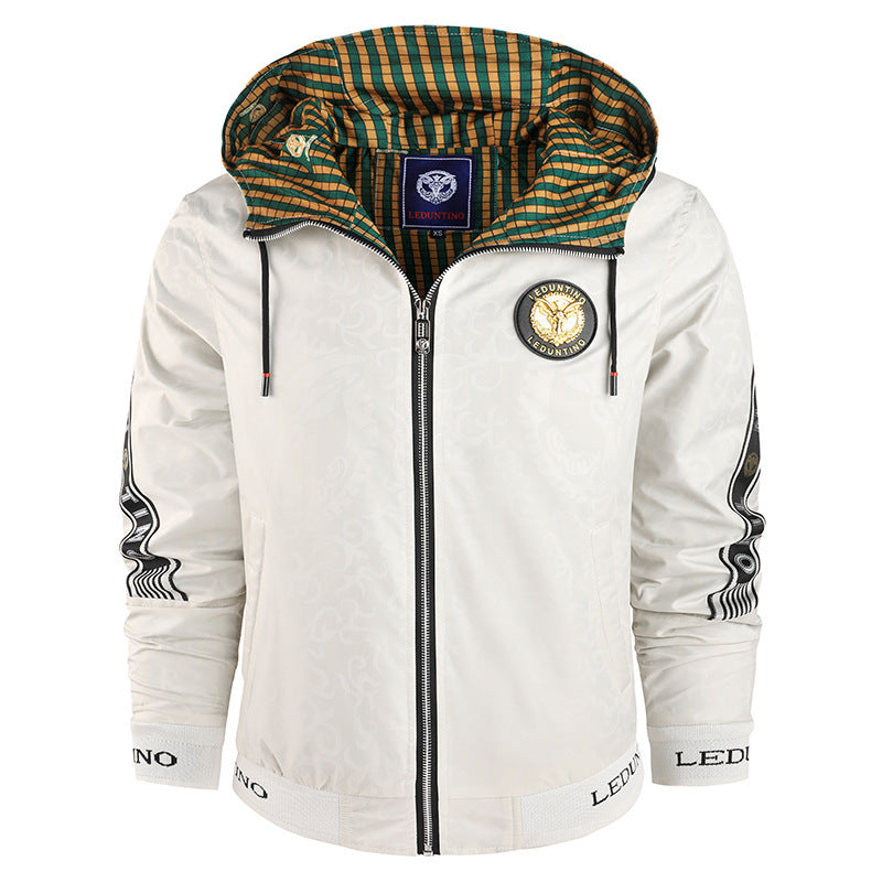 Herren nan leichte Kapuzen-Sportjacke mit Jacquardmuster, Metallreißverschluss und elastischen Bündchen Drune