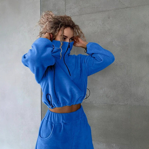 Damen Fleece-Cropped-Sweatshirt mit halbem Reißverschluss und Tunnelzug Drune