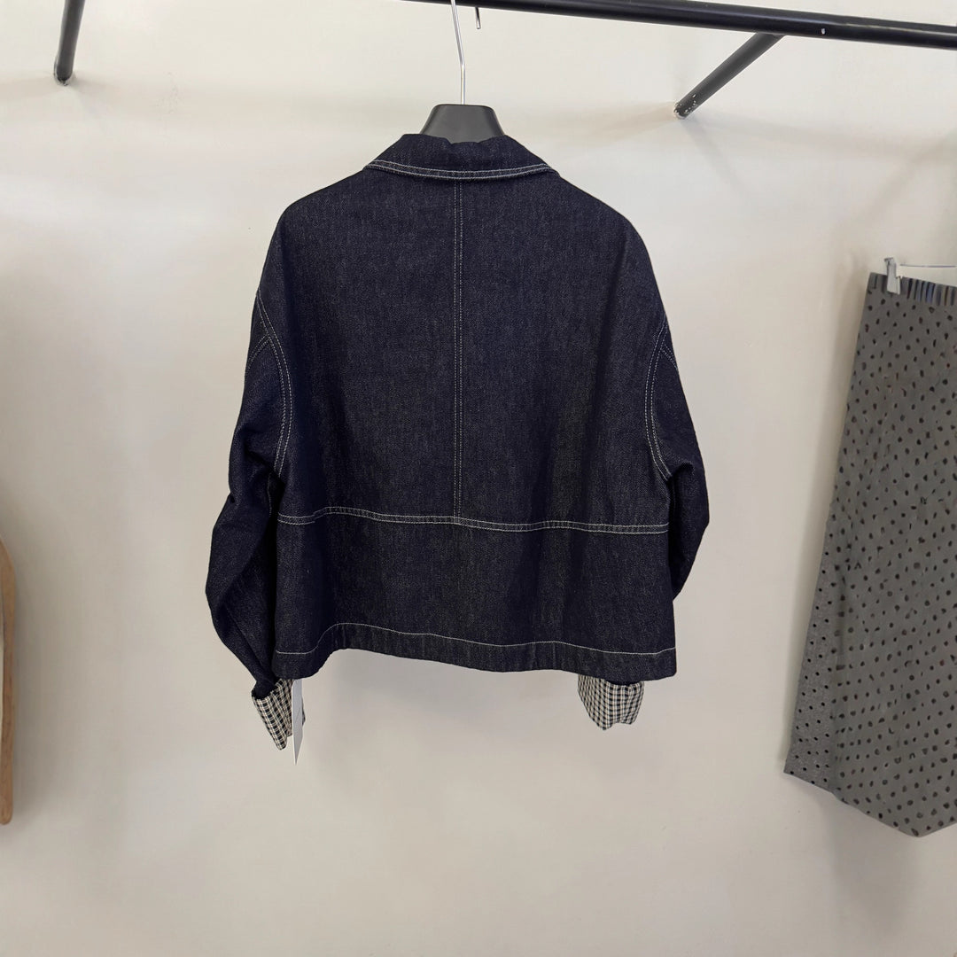 Damen Kurz geschnittene Denimjacke mit kontrastierenden Karomanschetten Drune