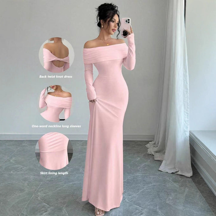 Damen Elegantes Off-Shoulder-Maxikleid mit figurbetontem Schnitt und langen Ärmeln Drune