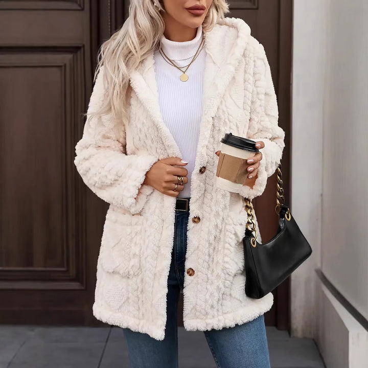 Damen angenehme und weiche Plüschjacke mit Kapuze und Taschen Drune