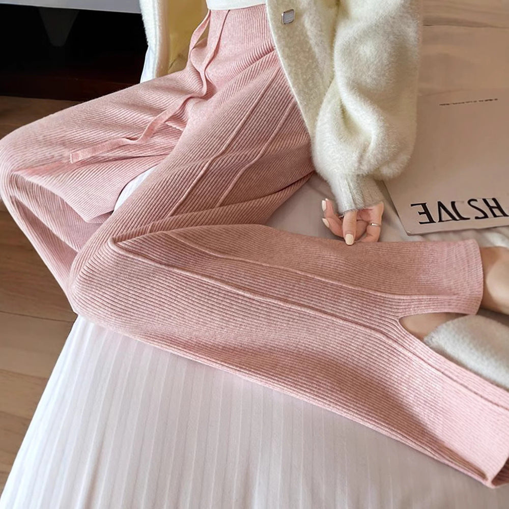 Damen Modische Rippstrick-Hose mit seitlichen Schlitzen Drune