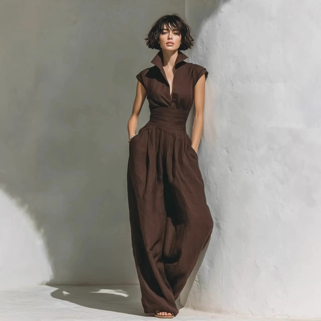 Damen Jumpsuit mit weitem Bein, tailliertem Wickelbund und Stehkragen Drune