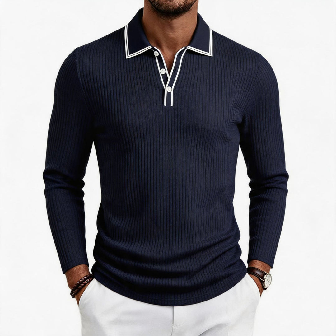 Herren fein geripptes Langarm-Poloshirt aus elastischer Merino-Mixqualität mit Kontrastkanten Drune